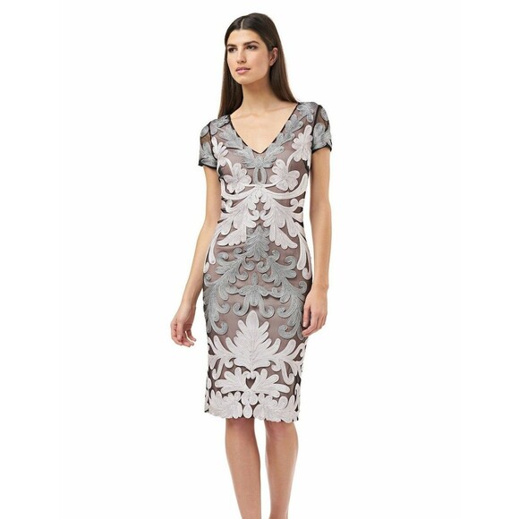 New JS Collections V Neck Soutache Evening Dress Embroidered Gray Black Size 2 - Picture 1 of 7